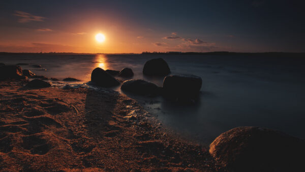 Wallpaper Sand, Ocean, Sea, Stones, During, Shore, Desktop, Mobile, Nature, Water, Sunset