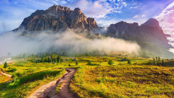 Wallpaper Fog, Between, Ground, Sky, Nature, Green, Mountains, Background, Path, Grass, Sand, Covered, Slope, Blue, Field