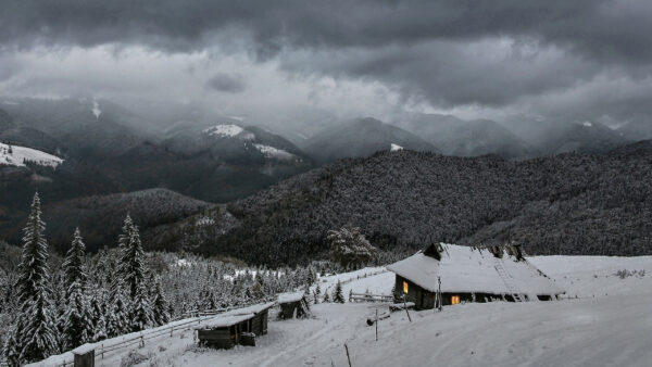 Wallpaper Field, Covered, Snow, Fog, And, Winter, Mountains, Hut