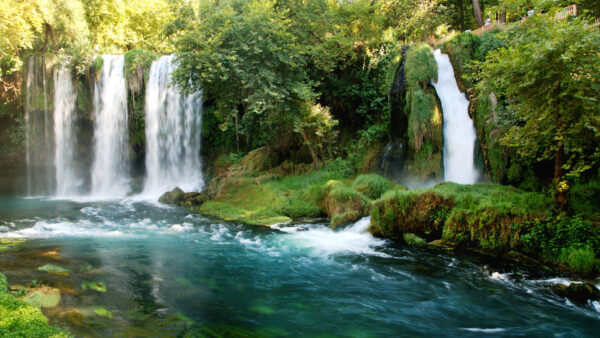 Wallpaper Pouring, Green, River, Nature, Multiple, Trees, Surrounded, Waterfalls