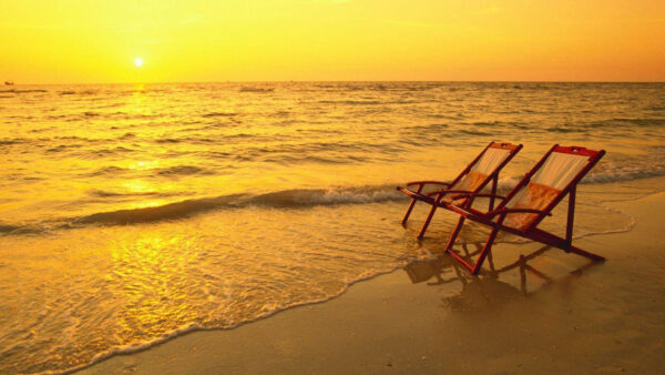 Wallpaper Desktop, Lounge, Sunrise, Wooden, Sand, During, Two, Water, Chairs, Beach