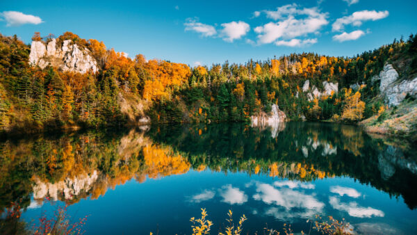 Wallpaper Desktop, Beautiful, Mobile, Autumn, River, Reflection, Yellow, Green, Trees, Fall, Clouds, Under, White, Blue