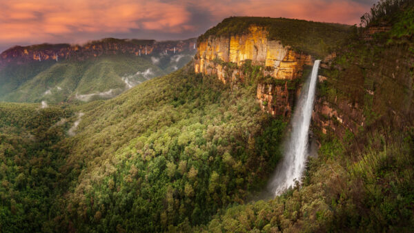 Wallpaper Slope, View, Mountains, Sunset, From, Greenery, Landscape, Waterfall, During, Nature, Rock