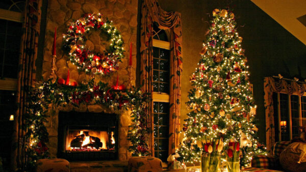 Wallpaper Decorated, With, Christmas, Lights, Tree