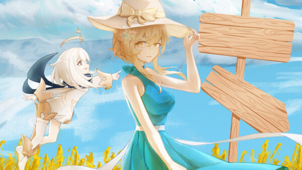 Wallpaper Paimon, And, Background, Impact, Blue, Lumine, Genshin, Dress, Copy, Sky, With, Hat