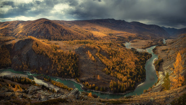 Wallpaper Nature, Clouds, Under, River, White, View, Yellow, Blue, Green, Autumn, Mountains, Trees, Sky, Aerial