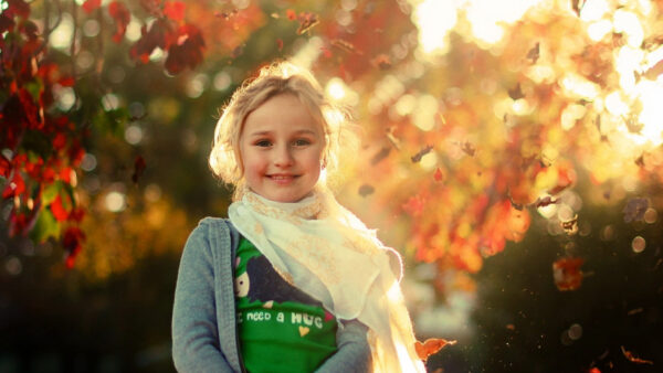 Wallpaper Blur, Wearing, Blue, Girl, Green, Dress, Standing, Little, Cute, Smiley, Bokeh, Sunrays, Background