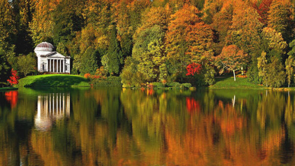 Wallpaper Yellow, Autumn, Grass, Leaves, Field, Trees, Red, Green, Orange, Reflection, River