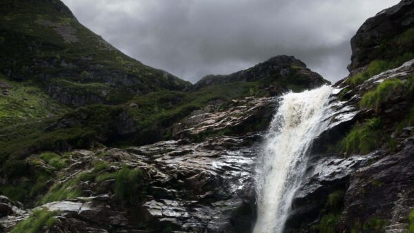 Wallpaper Algae, Waterfall, Black, Mountain, From, Rock, White, Background, Sky, Covered, Nature, Clouds, Stones