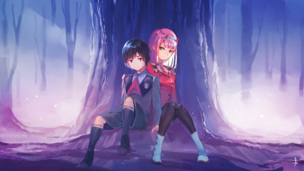 Wallpaper Tree, FranXX, Zero, Shallow, Anime, Two, The, With, Sitting, Front, Trees, Background, Darling, Hiro