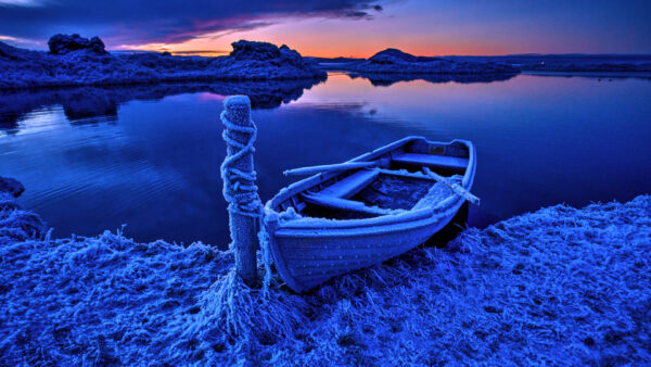 Wallpaper Boat, Sunset, Frozen, During, Time, Nature, Desktop, Water, Landscape, Body