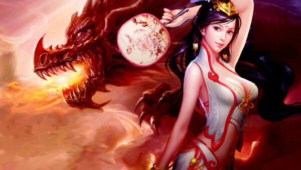 Wallpaper Beautiful, Woman, Desktop, Fantasy, Dreamy, Near, Dragon