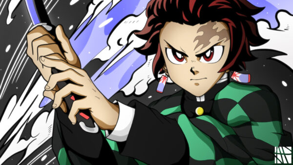 Wallpaper Slayer, Having, Abstract, Demon, Kamado, Wearing, And, White, Black, Tanjirou, Green, Desktop, Background, Dress, Sword, Checked, Blue, Anime, With