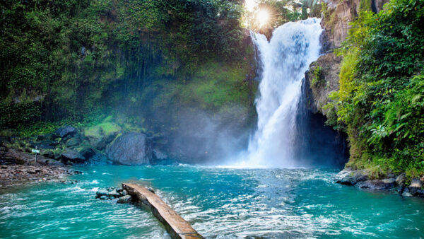 Wallpaper Green, Waterfall, Between, River, Covered, Pouring, Nature, Desktop, Plants, Rock, Beautiful