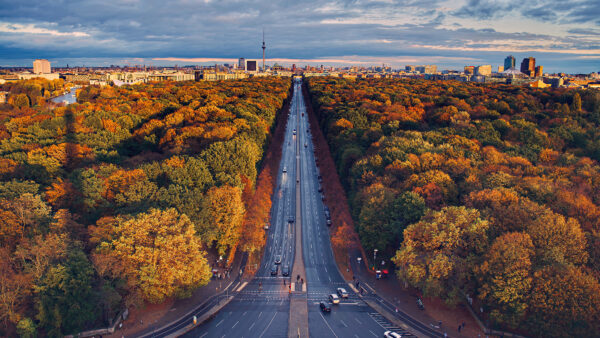 Wallpaper Sky, Mobile, Colorful, Vehicles, Trees, Blue, Under, Road, Desktop, Between, Autumn, Photography