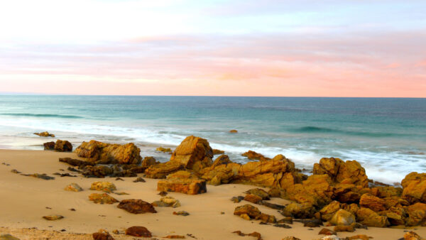 Wallpaper Waves, Clouds, Stones, Background, Light, Pink, Beach, Desktop, Nature, Ocean, Sky, Blue, Sand, Mobile