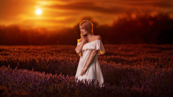 Wallpaper Lavender, Dress, Sunrise, During, Girl, Field, White, Standing, Middle, The, Girls, Model, Wearing