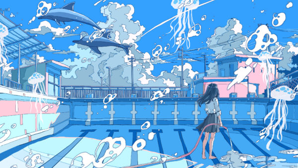 Wallpaper Hair, Jellyfish, Black, Dolphin, Anime, Girl