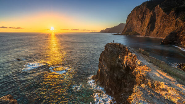 Wallpaper Coast, Under, Sky, Ocean, Mountains, Clouds, Yellow, Blue, Waves, Sunrise, During, Nature