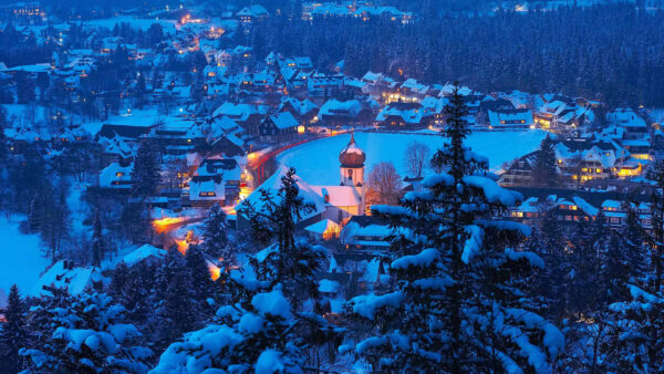 Wallpaper House, Village, View, Bing, With, Beautiful, Trees, Lights, Snow, Covered
