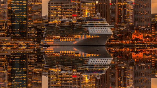 Wallpaper Glittering, High, Rising, Ship, With, Desktop, Lights, Cruise, Reflecting, Water, And, Buildings