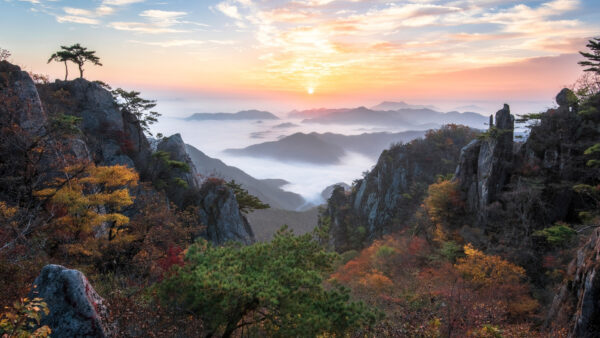 Wallpaper Sunrise, Clouds, Fog, Mountains, White, Blue, Nature, Sky, Under, Covered, Rocks, During