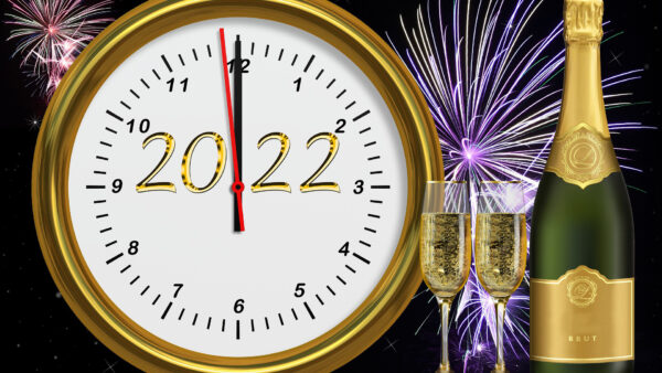 Wallpaper Fireworks, Background, Bottle, Clock, Glasses, 2022, Wine, Black, Colorful