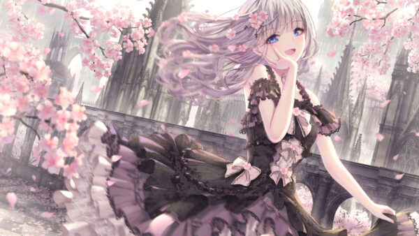 Wallpaper Anime, Black, Dress, Girl, Flowers, Background, Blue, Eyes, With, Blossom, Trees