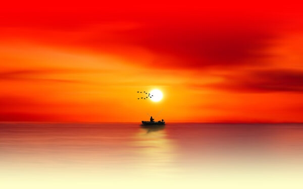 Wallpaper Sunset, Fishing, Silhouette, Seascape, Boat