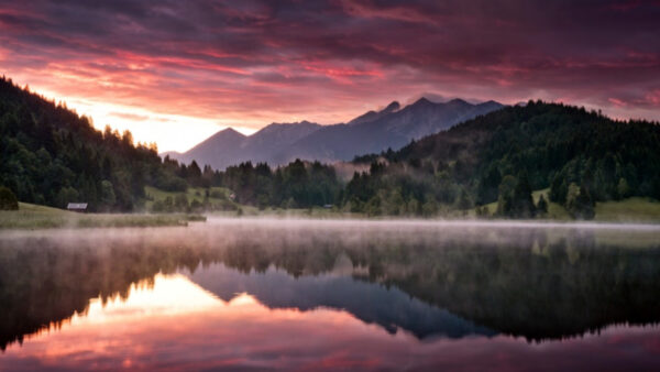 Wallpaper Sunset, With, Mobile, Landscape, Covered, Desktop, Nature, Mountain, Reflection, During, Trees, Green, Lake