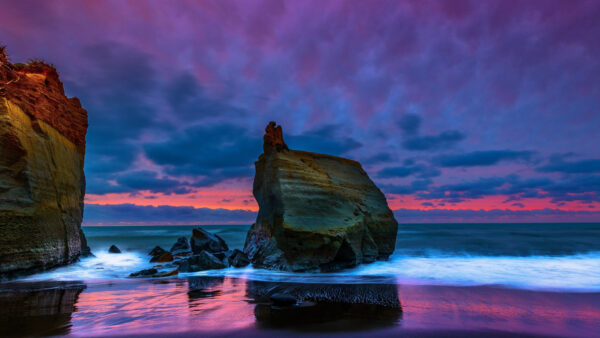 Wallpaper Waves, Purple, Mobile, Sky, Clouds, Under, Stones, Ocean, Rocks, Desktop, Light, Beach, Sand, Reflection