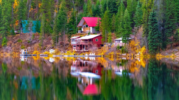 Wallpaper Desktop, Scenery, Beautiful, Nature, Mobile, Colorful, During, Autumn, Daytime, Reflection, Trees, Houses, Lake