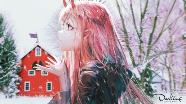 Wallpaper And, Painted, Darling, Standing, Red, Flag, Two, Anime, House, With, Zero, The, FranXX, Background, Trees