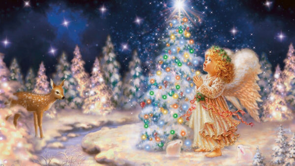 Wallpaper Christmas, Deer, Glittering, Desktop, And, Tree, Standing, Side, Girl, Wallpaper, Child, Near