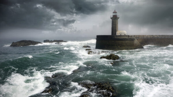 Wallpaper Under, Ocean, Cloudy, Lighthouse, Sky, Middle, Black, The, Nature