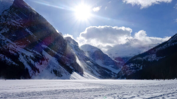 Wallpaper Mountains, Snow, Under, Cloudy, Sky, Covered, With, Canada, Sunbeam, White