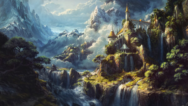 Wallpaper Trees, Anime, Castle, River, Nature, Mountains