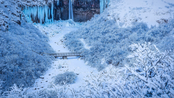 Wallpaper Winter, National, Iceland, Waterfall, Snow, Desktop, Park, River, Bridge, Rock