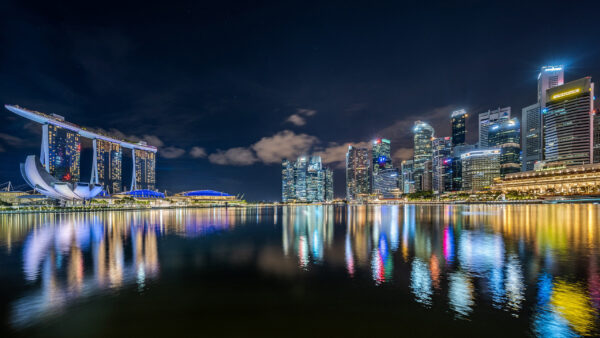 Wallpaper Travel, Marina, Singapore, Night, Building, Sands, Bay, City, Light, Reflection