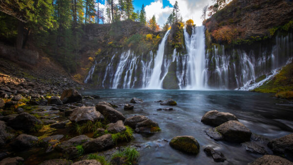 Wallpaper Nature, Waterfalls, Mountains, Sky, Background, Beautiful, Forest, Stream, Stones, Trees, Blue, Rocks