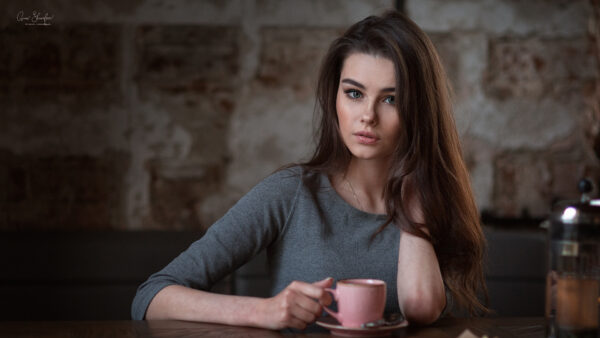 Wallpaper Girls, Wearing, Shuvalova, Model, Cup, Holding, Black, Brunette, Dress, Anna, Girl