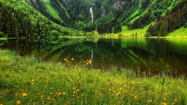 Wallpaper Nature, Greenery, Landscape, Lake, View, Waterfalls, From, Reflection, Trees, Beautiful, Scenery, Slope, Mountains