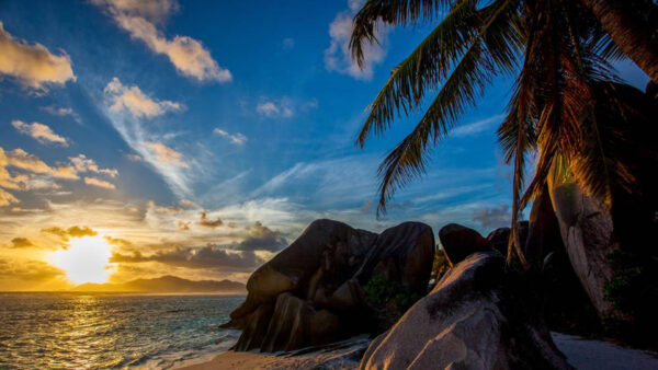 Wallpaper During, Clouds, Sky, Ocean, Sunset, Under, Blue, Rocks, Waves, White, Beach, Sand