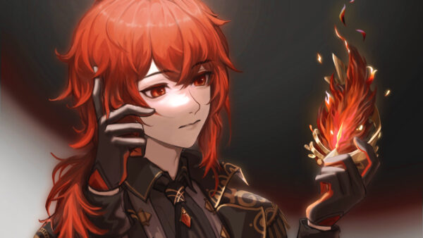 Wallpaper Hand, Fire, Genshin, With, Diluc, Impact, Redhead