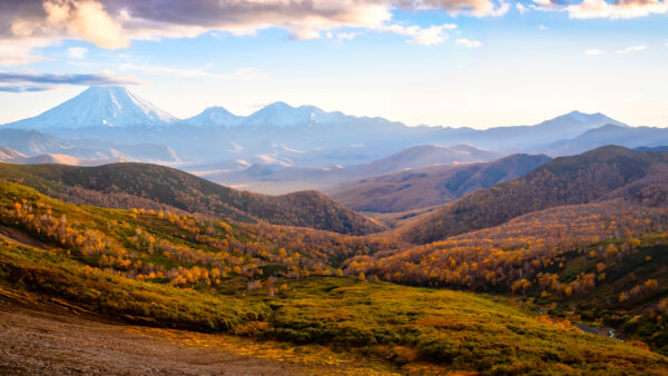 Wallpaper Autumn, Clouds, Landscape, Nature, Covered, Snow, Colorful, Mountain, Trees, Slope, Under, And, View, Blue, Sky, Mountains, White