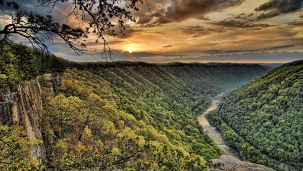 Wallpaper Slope, Nature, Clouds, Blue, Trees, Mountain, Under, Rocks, Black, Between, Sunset, View, Sky, Aerial, Green, River, During