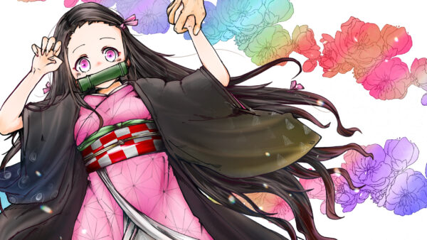 Wallpaper Someone, And, Nezuko, Hand, Holding, White, Flowers, Anime, Kamado, Demon, With, Desktop, Colorful, Slayer, Background