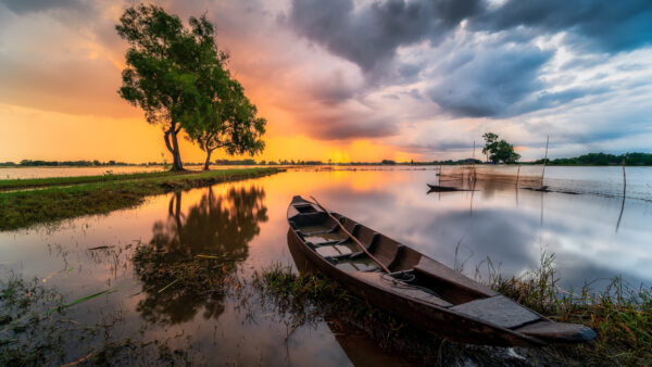 Wallpaper Nature, Desktop, Sunset, River, During, Boat, Water, Reflection, With, Trees