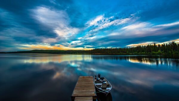 Wallpaper Wood, White, Near, Dock, Blue, Lake, Boat, Green, Trees, Clouds, Water, Under, Reflection, Desktop, Nature, Sky, Mobile