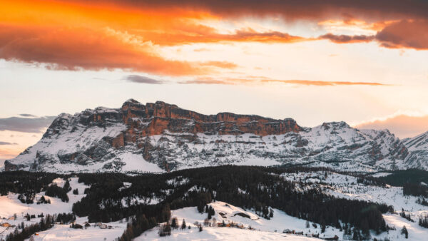 Wallpaper With, Forest, Beautiful, Mountains, Black, Sky, Yellow, Under, Cloudy, Covered, View, Trees, Nature, And, Snow